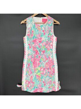 Lilly Pulitzer Womens Mila Stretch Cotton Shift Dress 4 Pink Teal Floral Coastal